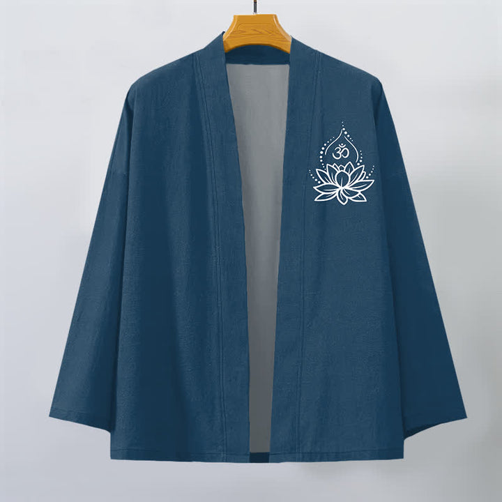 Buddha Stones Kimono de hombre con frente abierto y estampado de loto Om de algodón - image 7
