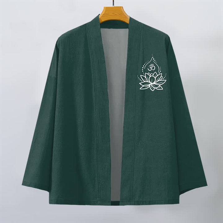 Buddha Stones Kimono de hombre con frente abierto y estampado de loto Om de algodón - image 10