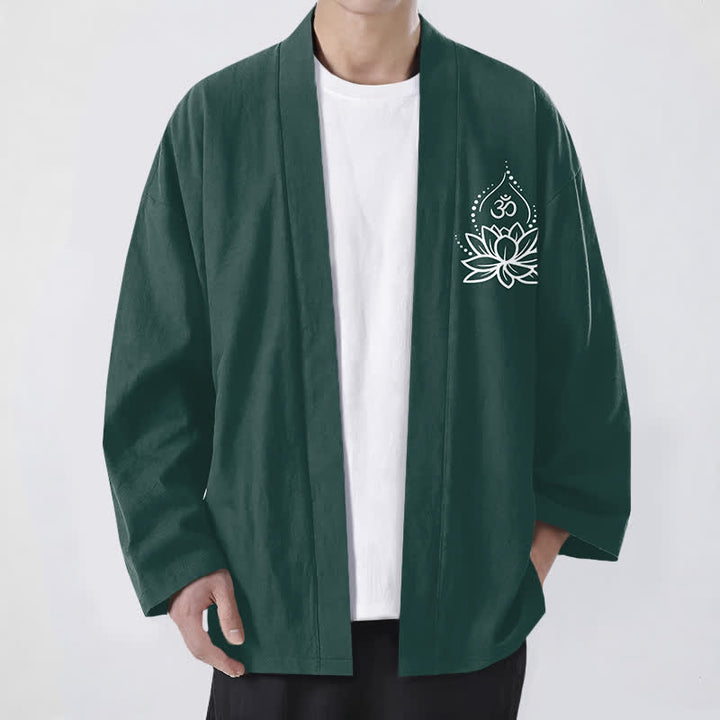 Buddha Stones Kimono de hombre con frente abierto y estampado de loto Om de algodón - Verde oscuro - US/UK/AU48, UE58 (4XL) - image 9