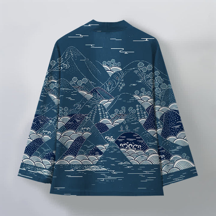 Buddha Stones Kimono de hombre de algodón con estampado de olas y paisaje japonés, con frente abierto. - image 2