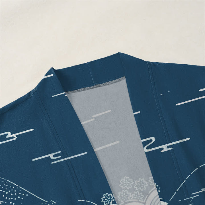 Buddha Stones Kimono de hombre de algodón con estampado de olas y paisaje japonés, con frente abierto. - image 3