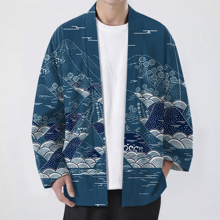 Buddha Stones Kimono de hombre de algodón con estampado de olas y paisaje japonés, con frente abierto. - Verde azulado - US/UK/AU48, UE58 (4XL) - image 0