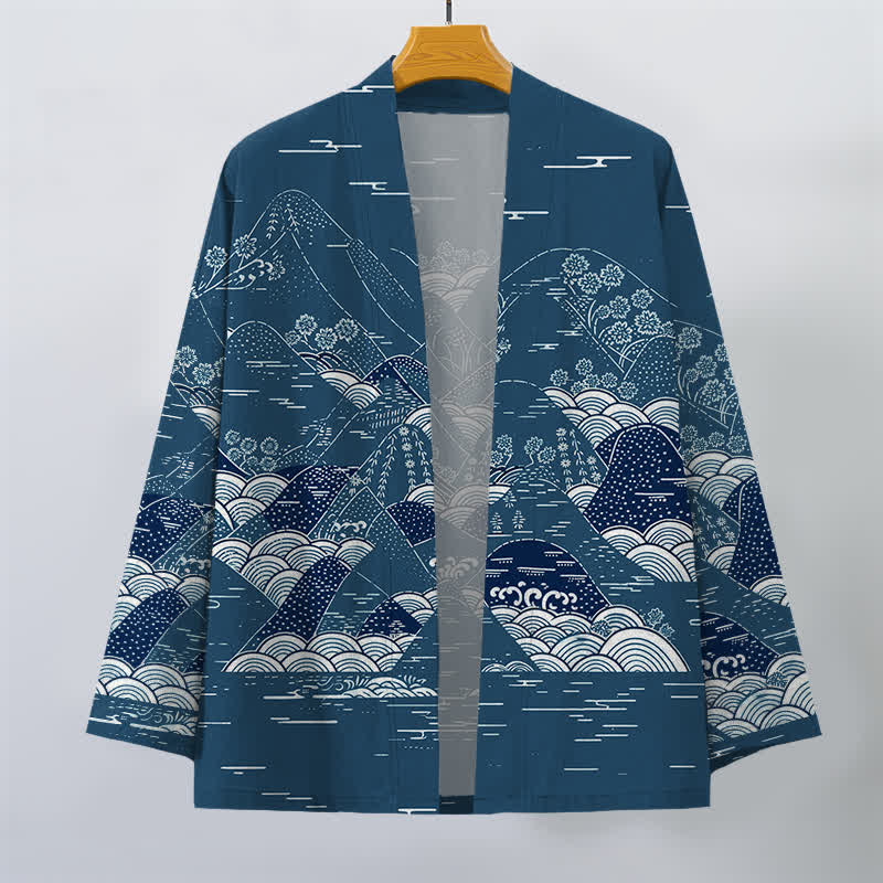 Buddha Stones Kimono de hombre de algodón con estampado de olas y paisaje japonés, con frente abierto. - image 1