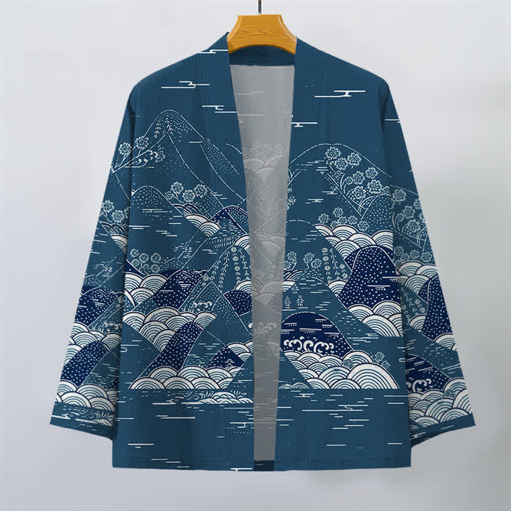 Buddha Stones Kimono de hombre de algodón con estampado de olas y paisaje japonés, con frente abierto. - image 1
