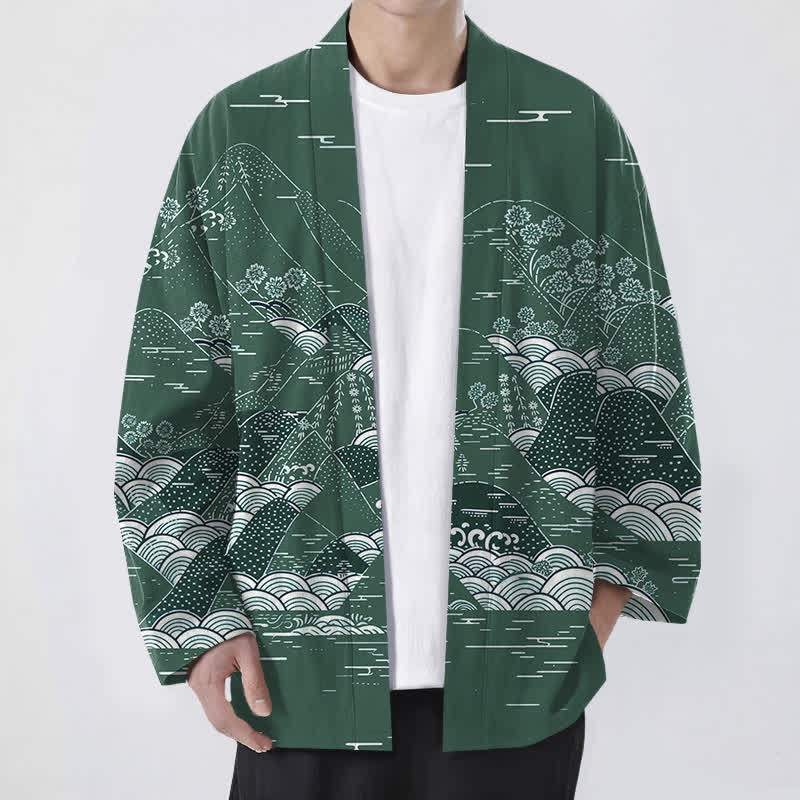 Buddha Stones Kimono de hombre de algodón con estampado de olas y paisaje japonés, con frente abierto. - Verde bosque - US/UK/AU48, UE58 (4XL) - image 6