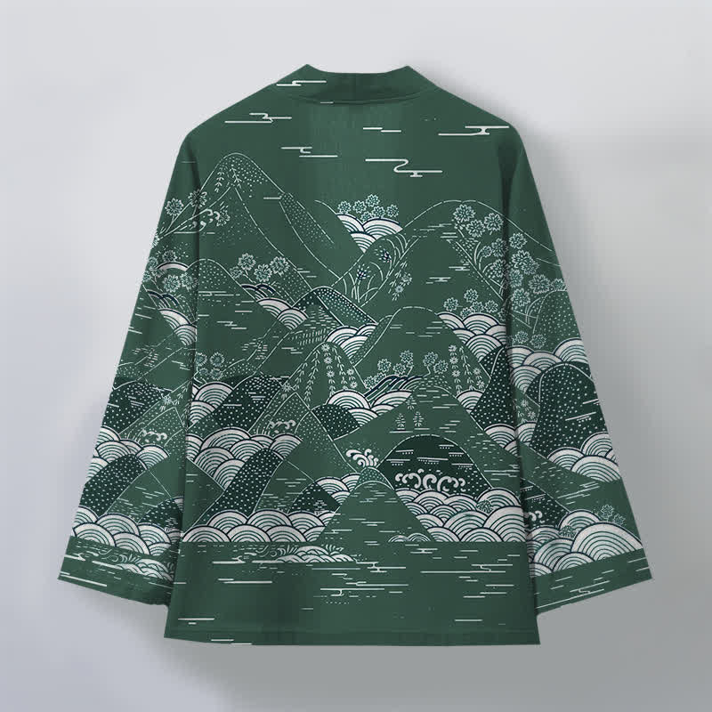 Buddha Stones Kimono de hombre de algodón con estampado de olas y paisaje japonés, con frente abierto. - image 8