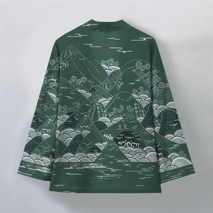 Buddha Stones Kimono de hombre de algodón con estampado de olas y paisaje japonés, con frente abierto. - image 8