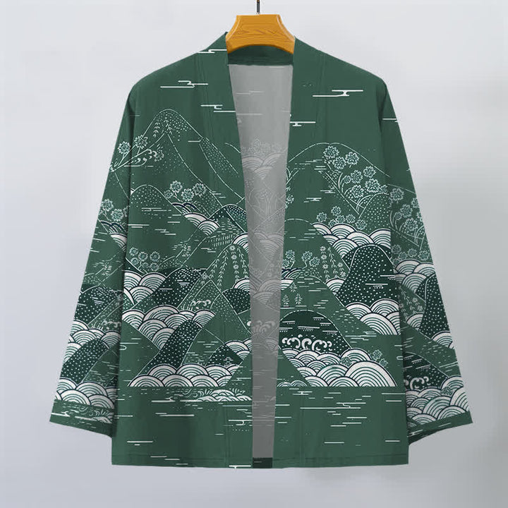 Buddha Stones Kimono de hombre de algodón con estampado de olas y paisaje japonés, con frente abierto. - image 7