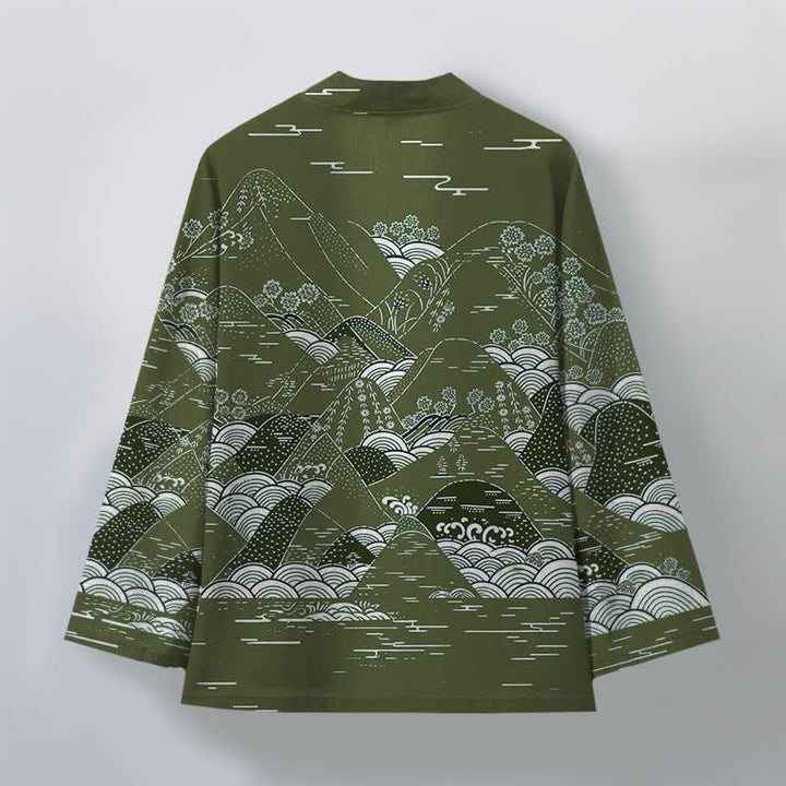 Buddha Stones Kimono de hombre de algodón con estampado de olas y paisaje japonés, con frente abierto. - image 11