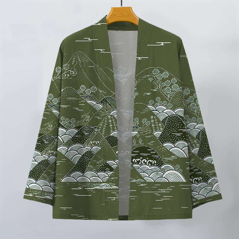 Buddha Stones Kimono de hombre de algodón con estampado de olas y paisaje japonés, con frente abierto. - image 10