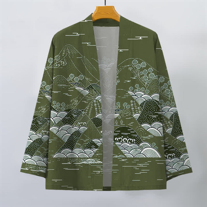 Buddha Stones Kimono de hombre de algodón con estampado de olas y paisaje japonés, con frente abierto. - image 10