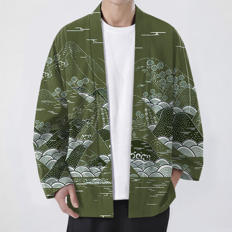 Buddha Stones Kimono de hombre de algodón con estampado de olas y paisaje japonés, con frente abierto. - Verde oliva - US/UK/AU48, UE58 (4XL) - image 9