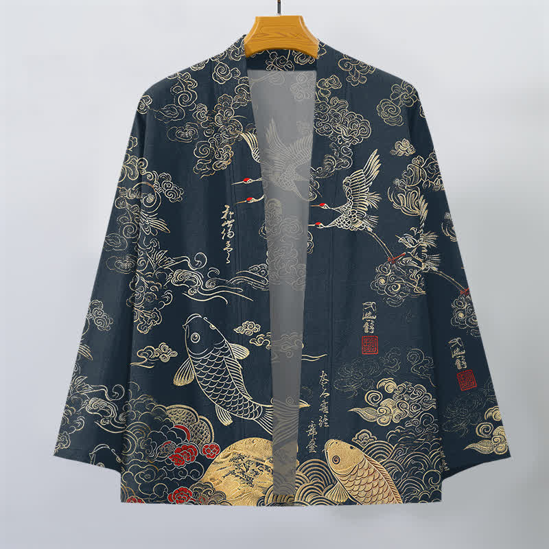 Buddha Stones Kimono de algodón con estampado de grullas chinas y peces koi, abierto por delante para hombre. - image 1