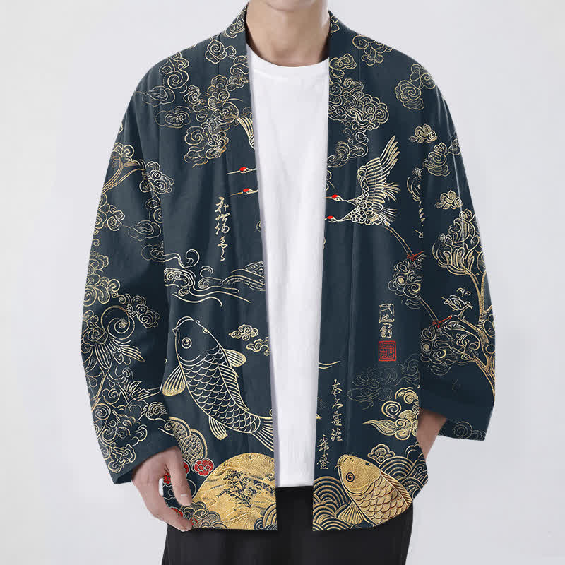 Buddha Stones Kimono de algodón con estampado de grullas chinas y peces koi, abierto por delante para hombre. - Marina de guerra - US/UK/AU48, UE58 (4XL) - image 0