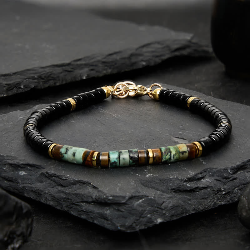 Buddha Stones Pulsera de cuentas redondas de protección de ónix negro y turquesa - image 1