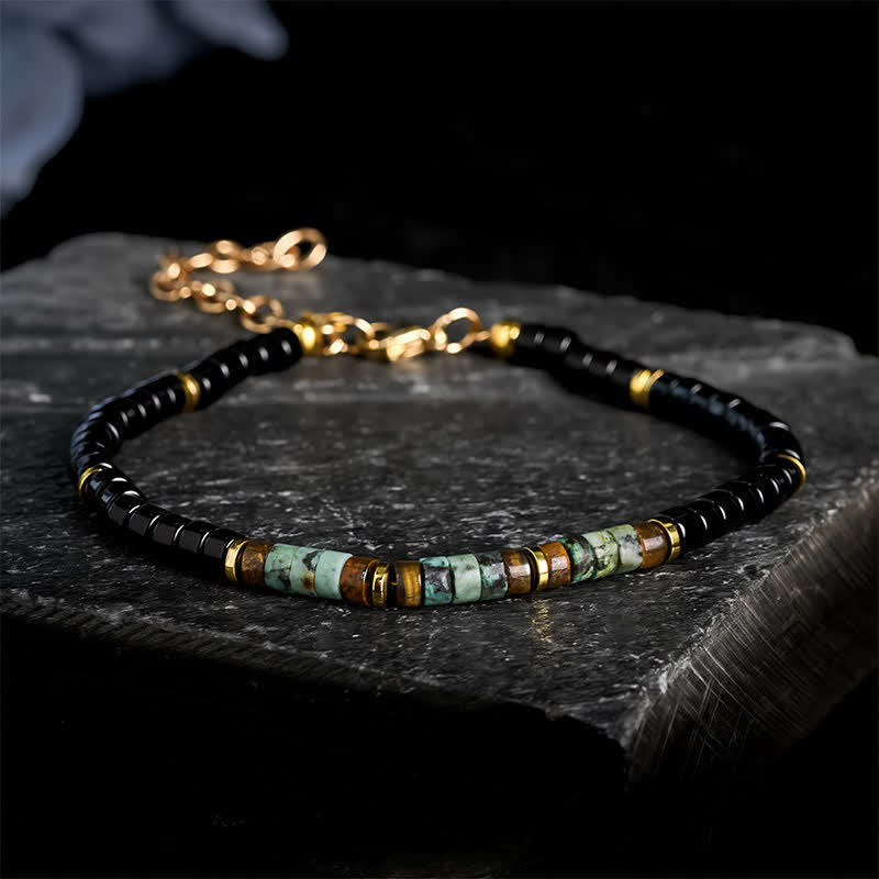 Buddha Stones Pulsera de cuentas redondas de protección de ónix negro y turquesa - Ónix negro y turquesa (circunferencia de la muñeca: 18-20 cm) - image 0