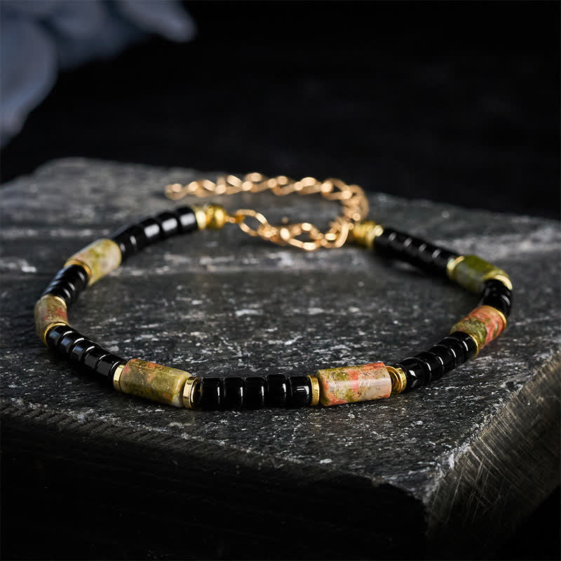 Buddha Stones Pulsera vintage de unakita y hematita con detalles de cobre - Unakita y hematita (circunferencia de la muñeca: 7,1–7,9 pulgadas/18–20 cm) - image 0