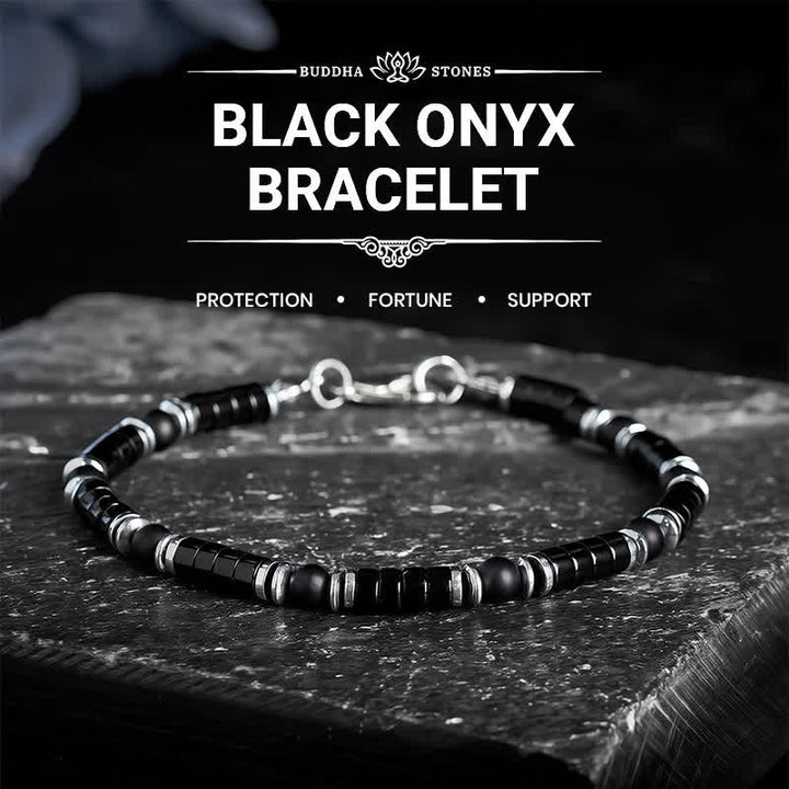 Buddha Stones Pulsera protectora con cuentas espaciadoras cilíndricas esmeriladas de ónix negro - Sin cadena extensora (circunferencia de la muñeca: 16–18 cm) - image 0