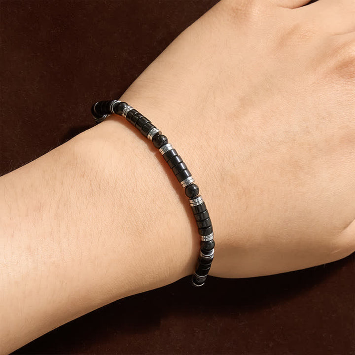 Buddha Stones Pulsera protectora con cuentas espaciadoras cilíndricas esmeriladas de ónix negro - image 3
