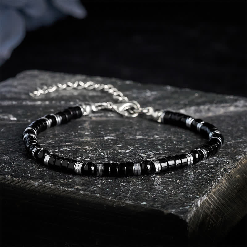 Buddha Stones Pulsera protectora con cuentas espaciadoras cilíndricas esmeriladas de ónix negro - Con cadena extensora (circunferencia de la muñeca: 16–19 cm) - image 9