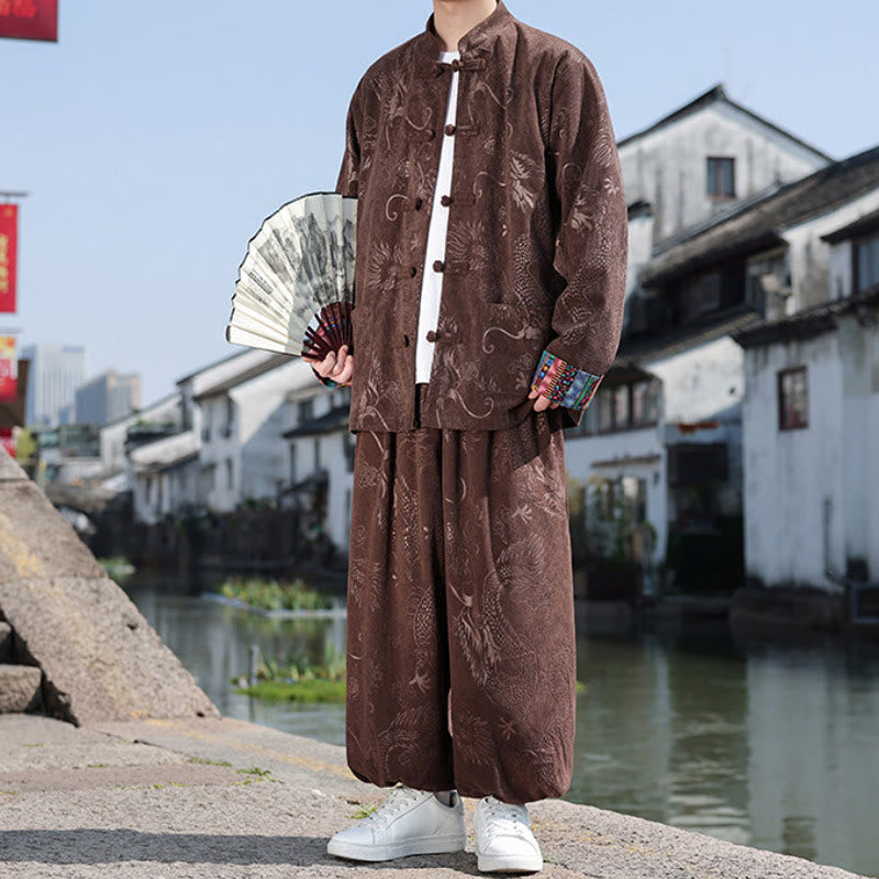 Buddha Stones Camisa y pantalón de algodón con cuello mandarín vintage estilo otoño/invierno, botones de rana, estampado abstracto, para hombre, ideal para meditación, con bolsillos. - Tierra de siena - US/UK/AU46, EU56 (5XL) - image 0