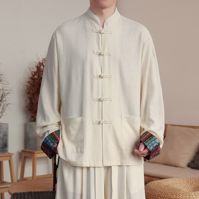 Buddha Stones Chaquetas de hombre de estilo casual de otoño/invierno con botones de rana, cuello mandarín y bolsillos. - Blanco antiguo - US/UK/AU46, EU56 (5XL) - image 0