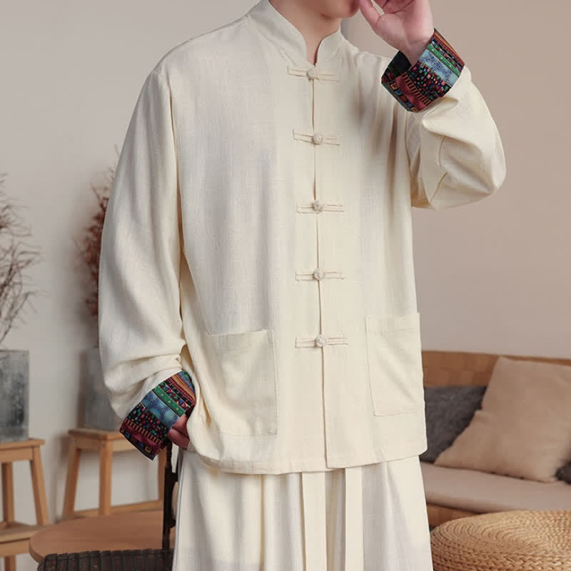 Buddha Stones Chaquetas de hombre de estilo casual de otoño/invierno con botones de rana, cuello mandarín y bolsillos. - image 1