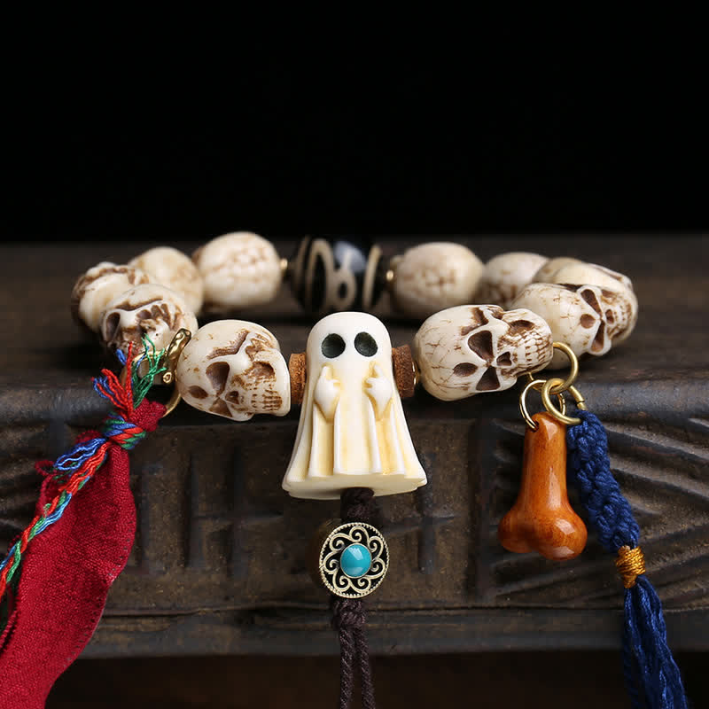 Buddha Stones Pulsera protectora de cuentas Dzi del Señor del Bosque de los Cadáveres, tallada a mano en hueso. - image 1