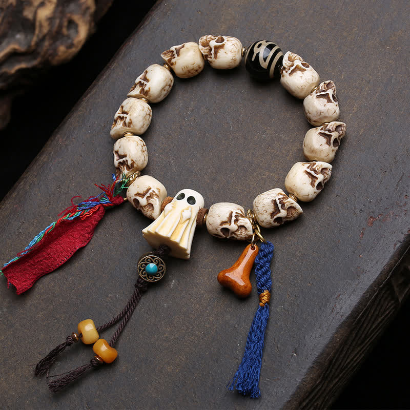 Buddha Stones Pulsera protectora de cuentas Dzi del Señor del Bosque de los Cadáveres, tallada a mano en hueso. - 6,3–6,7 pulgadas / 16–17 cm - image 0