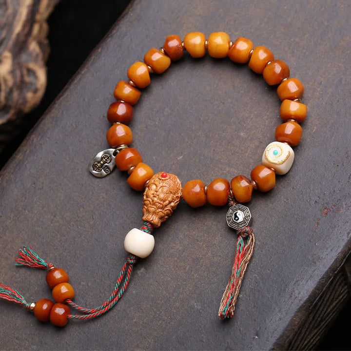 Buddha Stones Pulsera de fuerza y ​​protección del Señor del Bosque de los Cadáveres con cuentas de hueso - Estilo borla Bagua - 10×7 mm - image 6