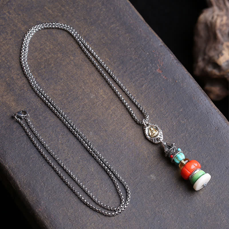 Buddha Stones Collar de protección con cuentas multicolores de acero de titanio con diseño de montón de piedras Mani tibetanas y Buda sin forma. - image 1