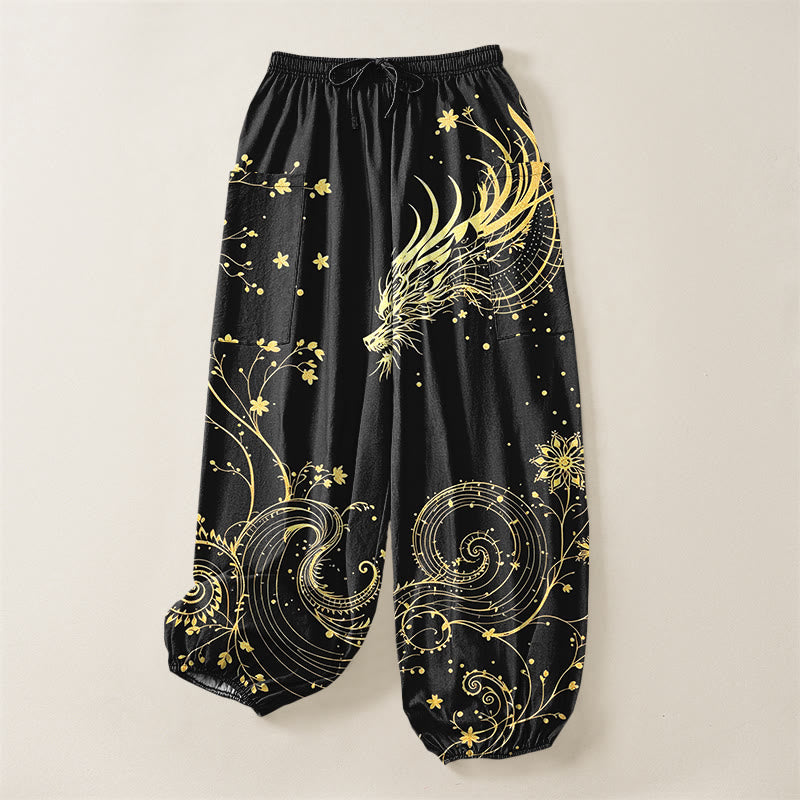 Buddha Stones Pantalones harem de algodón con estampado floral en espiral de dragón dorado para mujer, cintura elástica y bolsillos laterales. - image 3