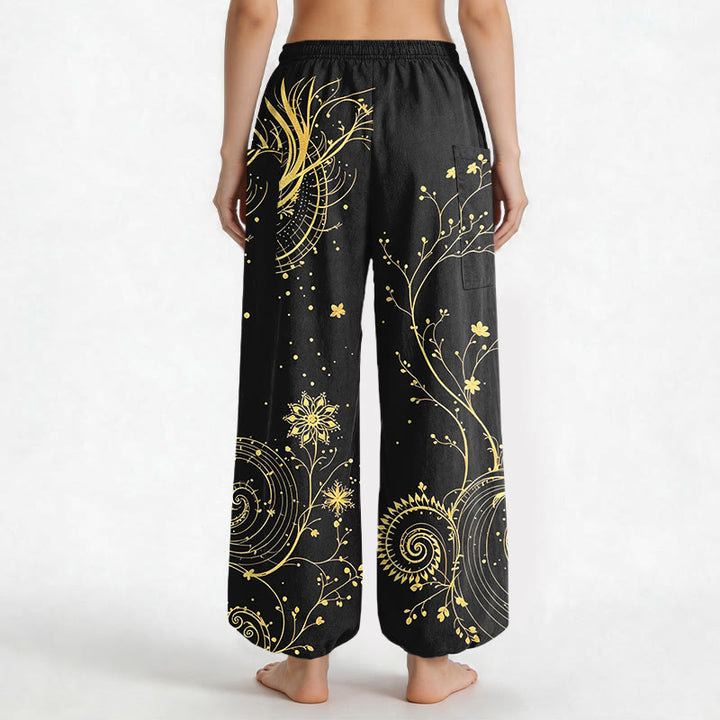 Buddha Stones Pantalones harem de algodón con estampado floral en espiral de dragón dorado para mujer, cintura elástica y bolsillos laterales. - image 2