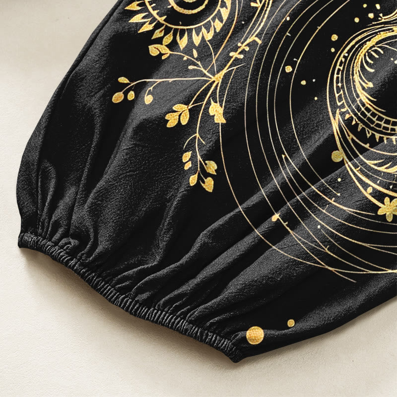 Buddha Stones Pantalones harem de algodón con estampado floral en espiral de dragón dorado para mujer, cintura elástica y bolsillos laterales. - image 6