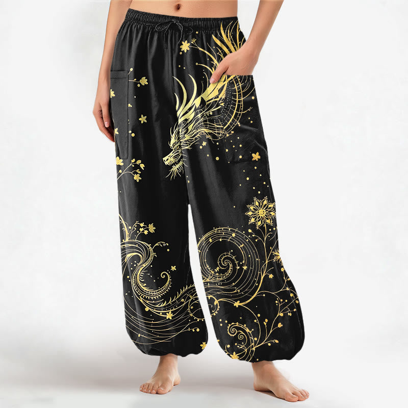 Buddha Stones Pantalones harem de algodón con estampado floral en espiral de dragón dorado para mujer, cintura elástica y bolsillos laterales. - Negro - US16，UK/AU20，EU48 (3XL) - image 0