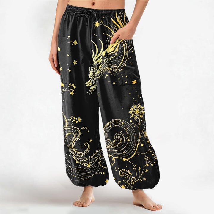 Buddha Stones Pantalones harem de algodón con estampado floral en espiral de dragón dorado para mujer, cintura elástica y bolsillos laterales. - Negro - US16，UK/AU20，EU48 (3XL) - image 0