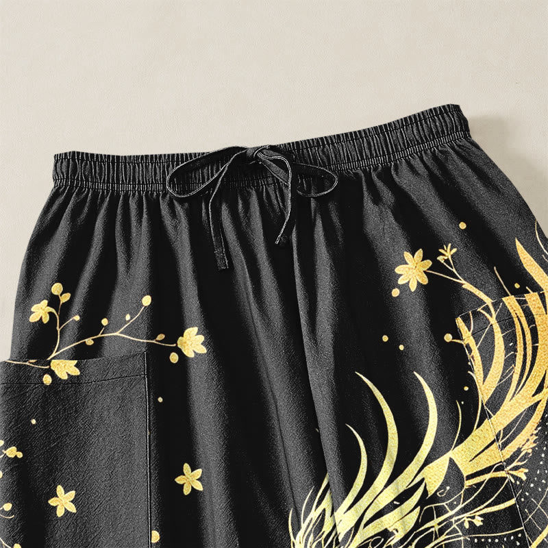 Buddha Stones Pantalones harem de algodón con estampado floral en espiral de dragón dorado para mujer, cintura elástica y bolsillos laterales. - image 5