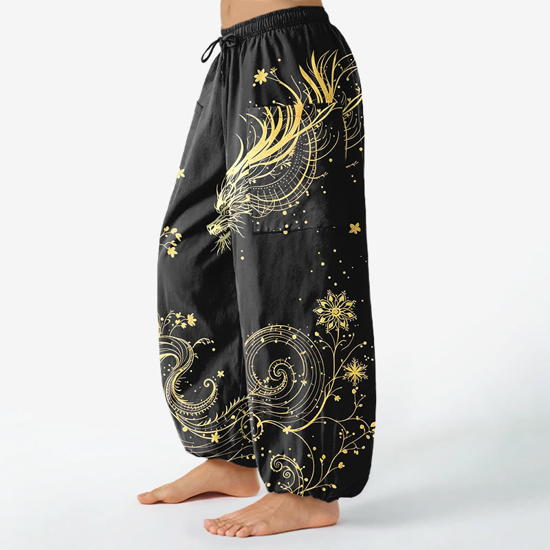 Buddha Stones Pantalones harem de algodón con estampado floral en espiral de dragón dorado para mujer, cintura elástica y bolsillos laterales. - image 1