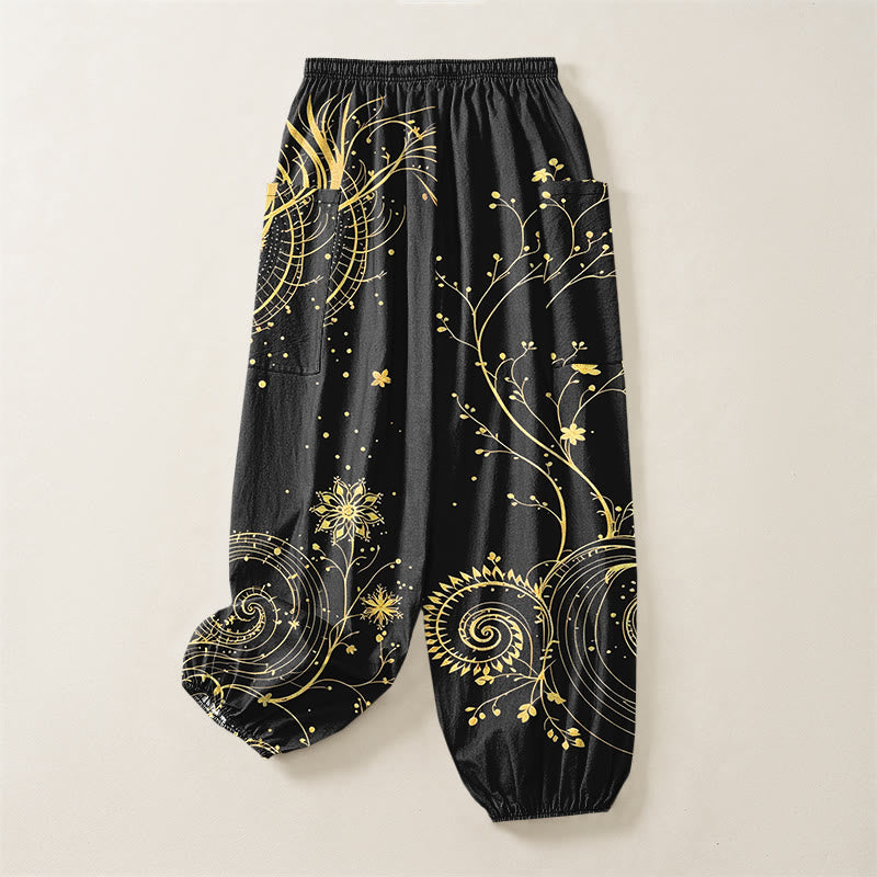 Buddha Stones Pantalones harem de algodón con estampado floral en espiral de dragón dorado para mujer, cintura elástica y bolsillos laterales. - image 4