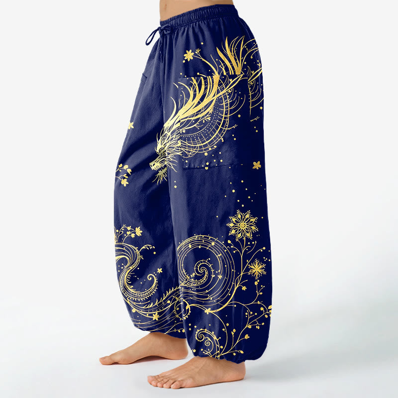 Buddha Stones Pantalones harem de algodón con estampado floral en espiral de dragón dorado para mujer, cintura elástica y bolsillos laterales. - image 8