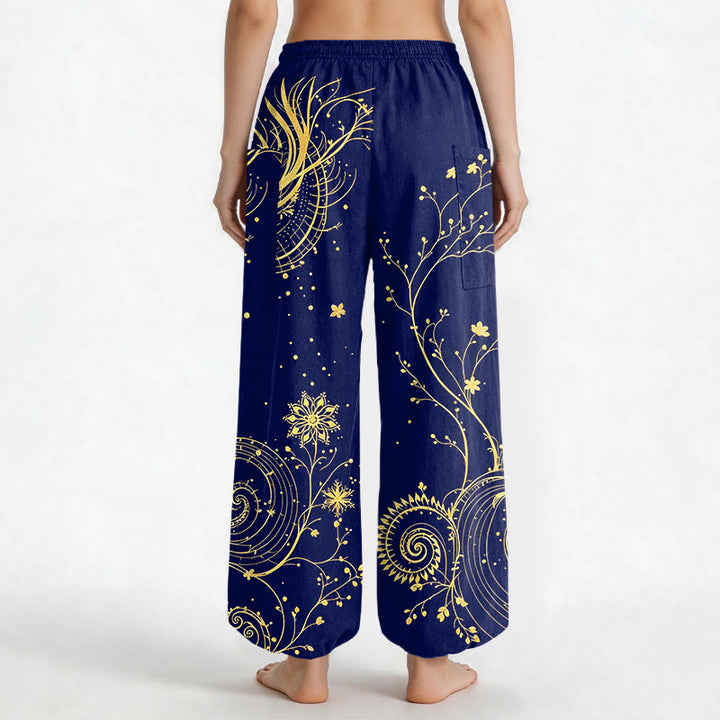 Buddha Stones Pantalones harem de algodón con estampado floral en espiral de dragón dorado para mujer, cintura elástica y bolsillos laterales. - image 9