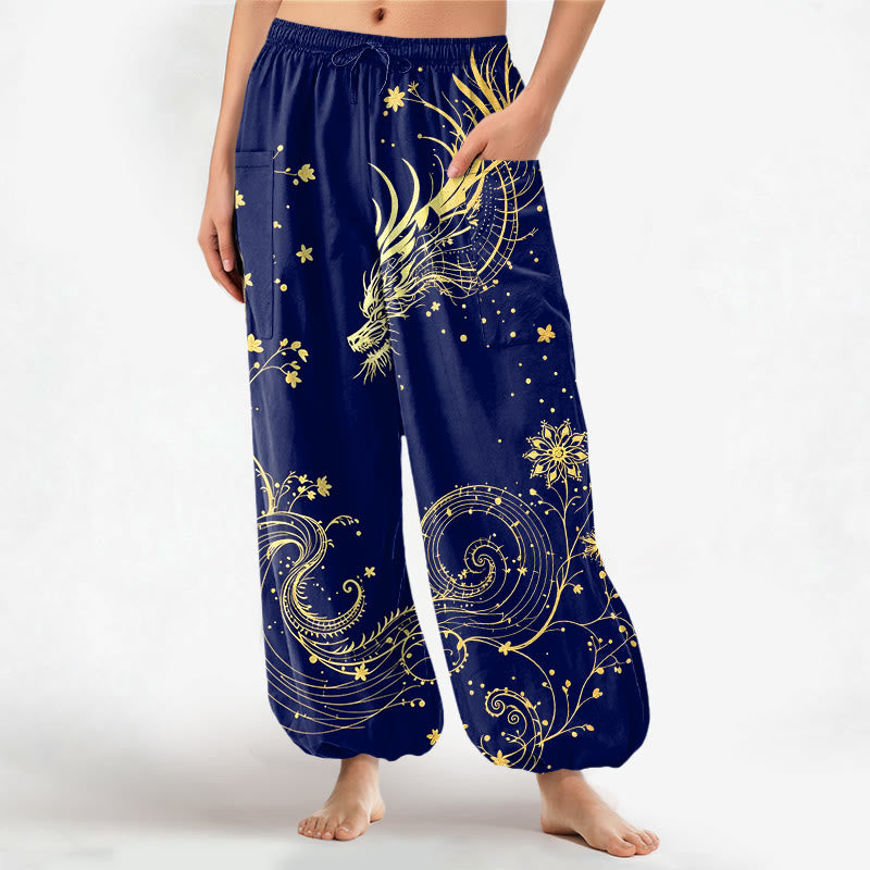 Buddha Stones Pantalones harem de algodón con estampado floral en espiral de dragón dorado para mujer, cintura elástica y bolsillos laterales. - Marina de guerra - US16，UK/AU20，EU48 (3XL) - image 7