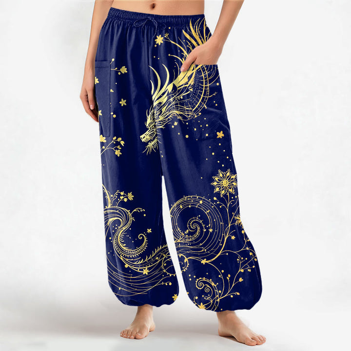 Buddha Stones Pantalones harem de algodón con estampado floral en espiral de dragón dorado para mujer, cintura elástica y bolsillos laterales. - Marina de guerra - US16，UK/AU20，EU48 (3XL) - image 7