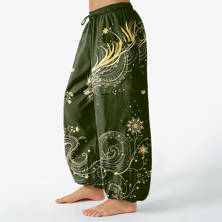 Buddha Stones Pantalones harem de algodón con estampado floral en espiral de dragón dorado para mujer, cintura elástica y bolsillos laterales. - image 11
