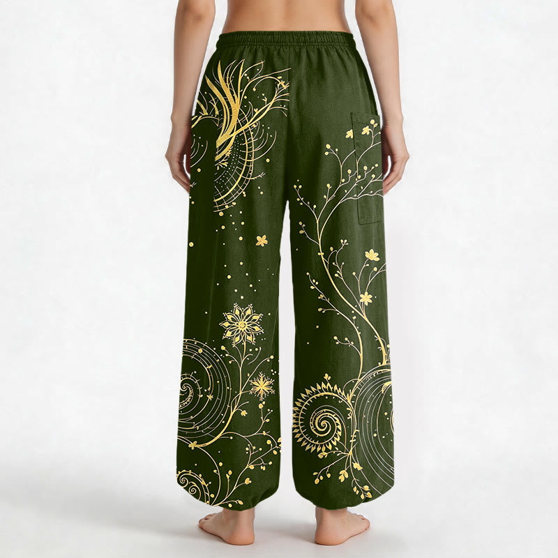 Buddha Stones Pantalones harem de algodón con estampado floral en espiral de dragón dorado para mujer, cintura elástica y bolsillos laterales. - image 12