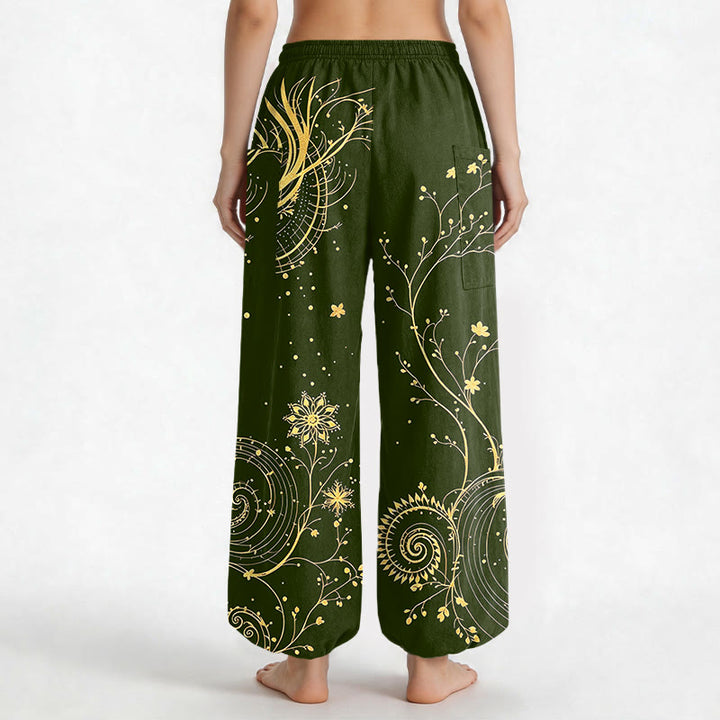 Buddha Stones Pantalones harem de algodón con estampado floral en espiral de dragón dorado para mujer, cintura elástica y bolsillos laterales. - image 12