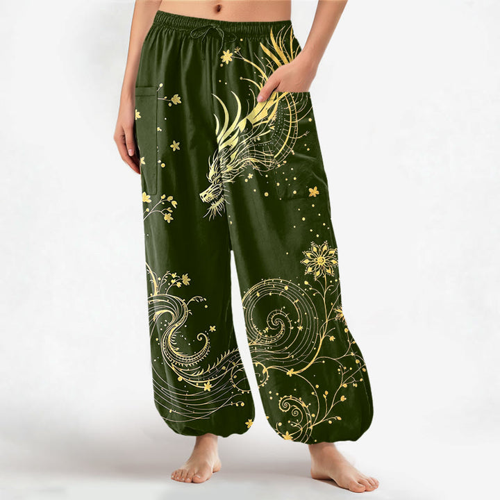 Buddha Stones Pantalones harem de algodón con estampado floral en espiral de dragón dorado para mujer, cintura elástica y bolsillos laterales. - Verde oliva oscuro - US16，UK/AU20，EU48 (3XL) - image 10