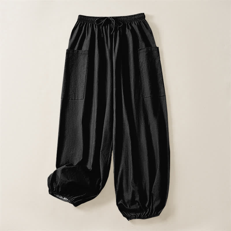 Buddha Stones Pantalones harem de algodón liso con estampado minimalista y cintura elástica para mujer, con bolsillos laterales. - image 3