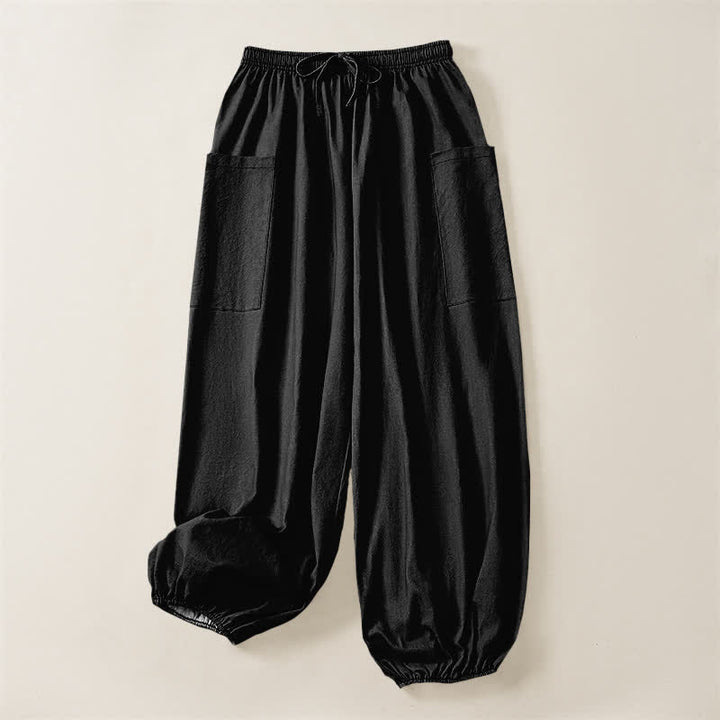Buddha Stones Pantalones harem de algodón liso con estampado minimalista y cintura elástica para mujer, con bolsillos laterales. - image 3
