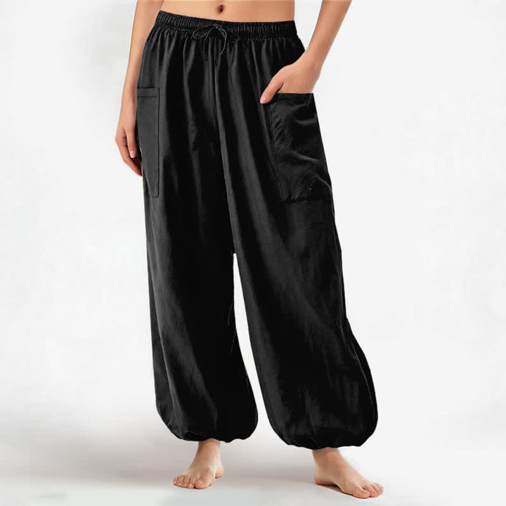 Buddha Stones Pantalones harem de algodón liso con estampado minimalista y cintura elástica para mujer, con bolsillos laterales. - Negro - US16，UK/AU20，EU48 (3XL) - image 0